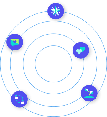 Illustration of interconnected icons representing core values and concepts in a circular design.