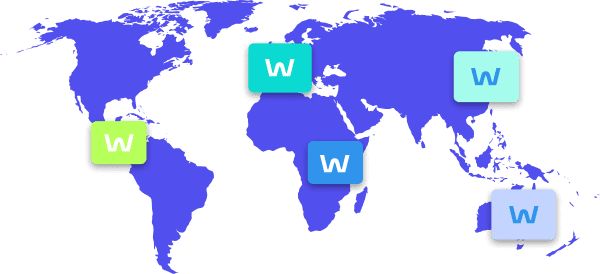 World map with the WorkTango "W" logo mark on various locations across the map.