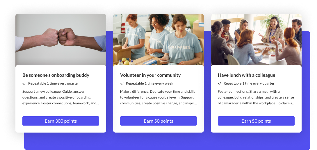 Screenshot of 3 company culture/values aligned Incentives: be someone's onboarding buddy, volunteer in your community, have lunch with a colleague.