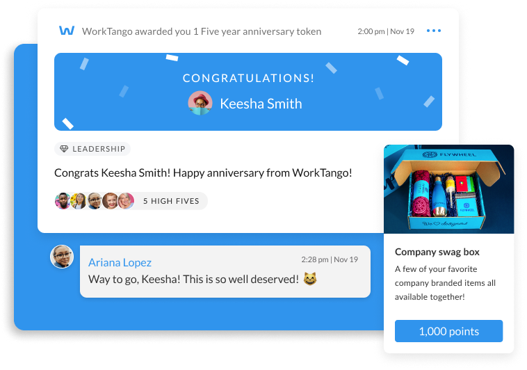 Screenshot of an anniversary token award from WorkTango to Keesha Smith, with high-fives and comments from colleagues.