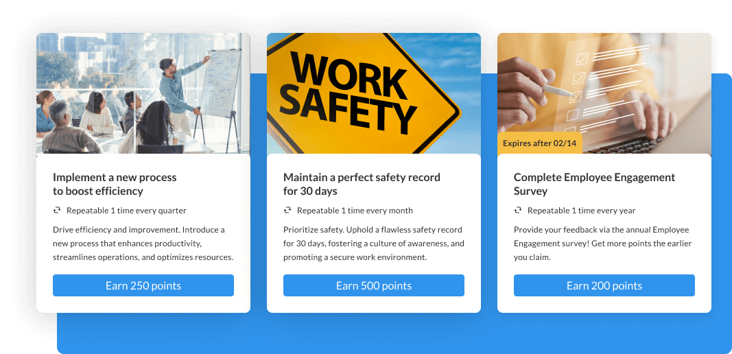 Screenshot of three incentives from WorkTango's Employee Recognition & Rewards platform.