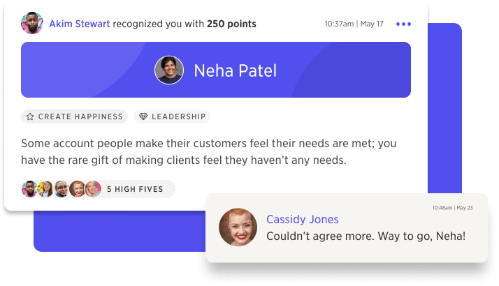 Screenshot of a recognition from Akim Stewart to Neha Patel with a comment from Cassidy Jones.