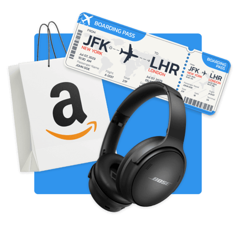 Amazon shopping bag, flight ticket, Bose headphones on a blue square with rounded edges.