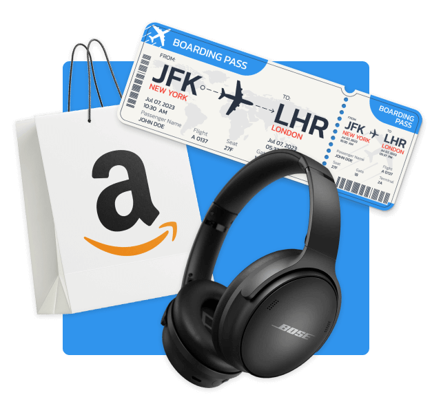 Amazon shopping bag, flight ticket, Bose headphones on a blue square with rounded edges.