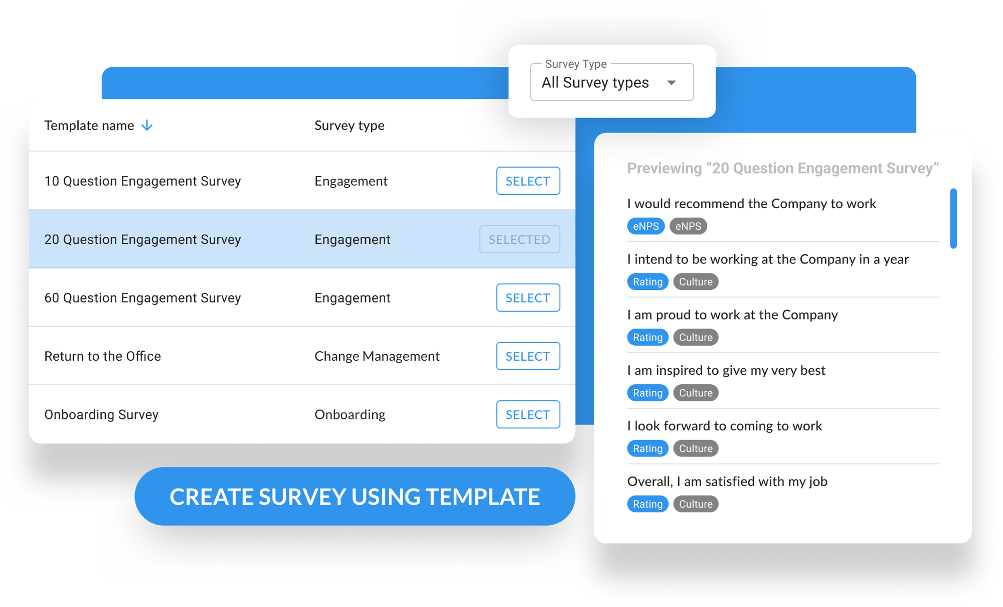 Leverage employee survey templates ranging from Engagement, Change Management, Onboarding and more. Customize your survey after selecting a template.