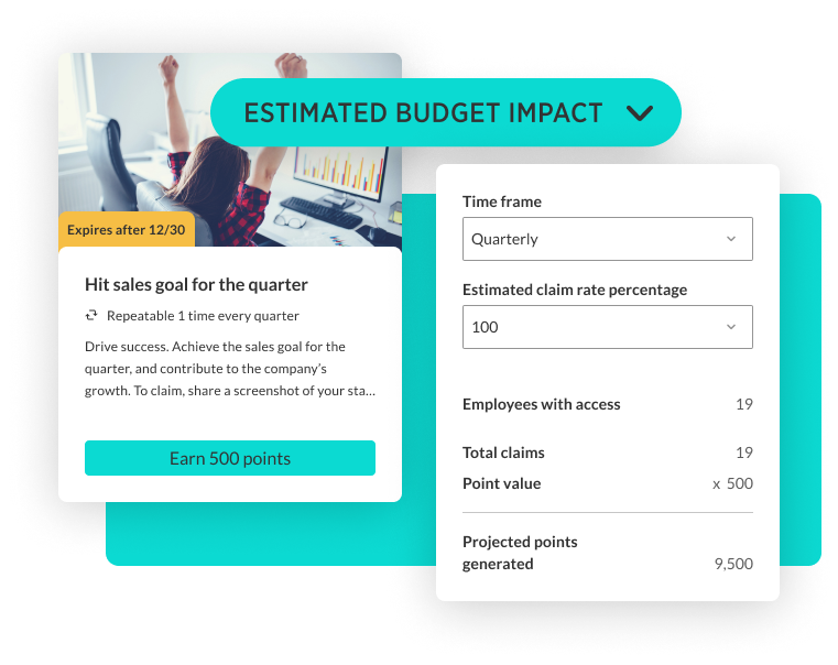 Estimated budget impact calculator, showing an example for "Hit sales goal for the quarter"