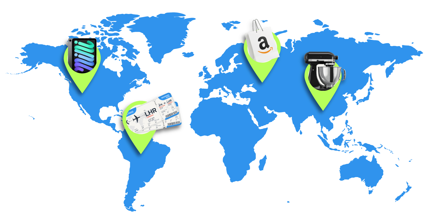 Map of the world with bright green pins on random locations, featuring various items from the employee rewards marketplace.