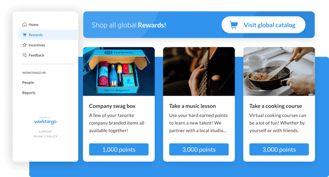 Screenshot from WorkTango's Employee Reward options, featuring custom rewards (swag box, music lesson, cooking course) and the Rewards Marketplace.