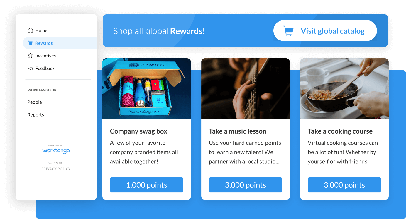 Screenshot from WorkTango's Employee Reward options, featuring custom rewards (swag box, music lesson, cooking course) and the Rewards Marketplace.