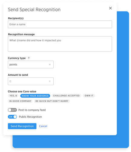 Special Recognition form with Recipient, message, currency type, amount to send, core value, and visibility fields.