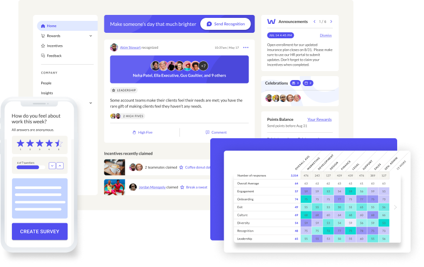 Mobile survey, desktop employee recognition platform, heatmap from employee survey.