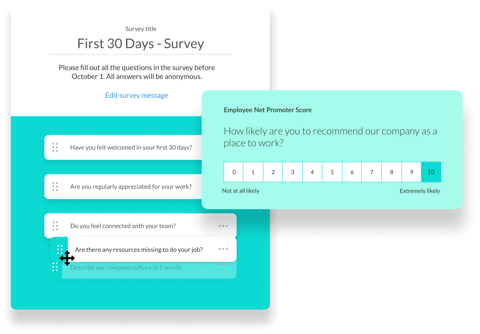 Employee lifecycle survey screenshot from the WorkTango platform. "First 30 Days - Survey" with an Employee Net Promoter Score question highlighted.