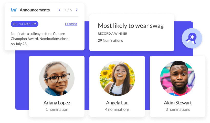 Announcement bar requesting nominations for "Culture Champion Award" and a "Most likely to wear swag" award.