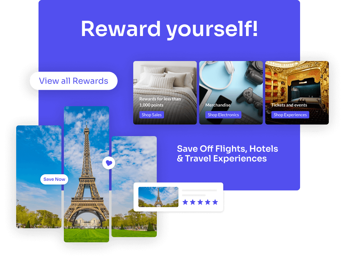 "Reward yourself!" headline on a purple background with image overlays of the Eiffel Tower, a hotel, technology, and a theater.