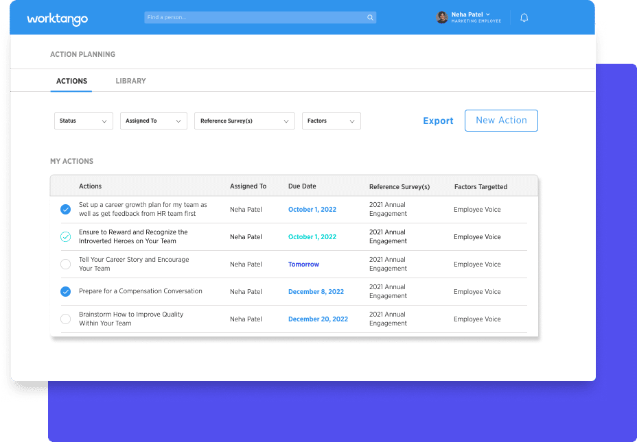 Screenshot from the Surveys & Insights product that features the Action Planning dashboard.