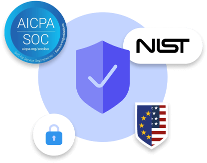 Floating icons and logos for security badges (SOC 2, NIST, EU-US Privacy Shield Framework)