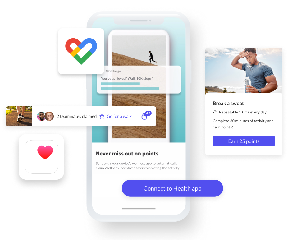 Connect WorkTango with Apple Health or Google Fit to automatically redeem wellness incentives.