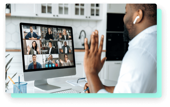 A man in earbuds waves during a virtual call with nine participants, indicating a remote work environment.