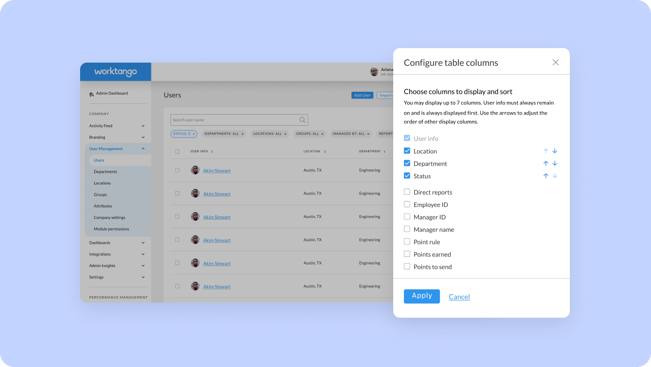 Screenshot highlighting WorkTango's User Management Column Selector.